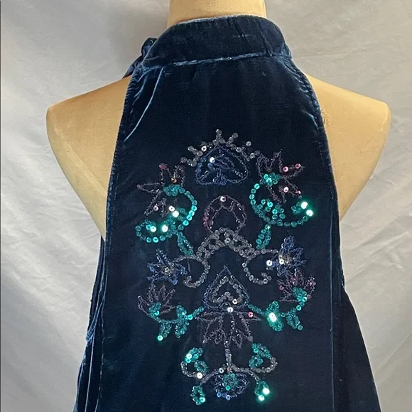 Free People Deep Blue Velvet Sleeveless Mini Dress with Sequin Details - Picture 7 of 11